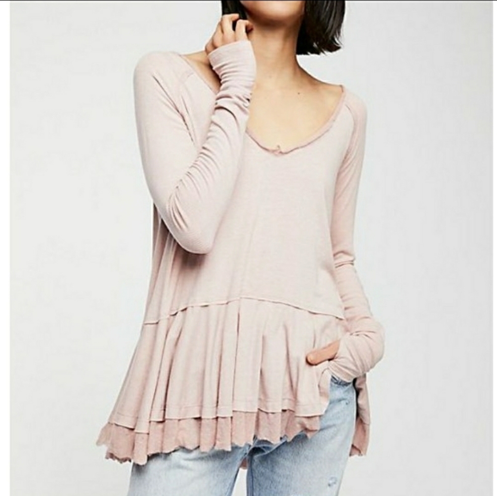 We The Free Tangerine Tee Mink Mauve Long Sleeve Raw Edge Top Size Medium
